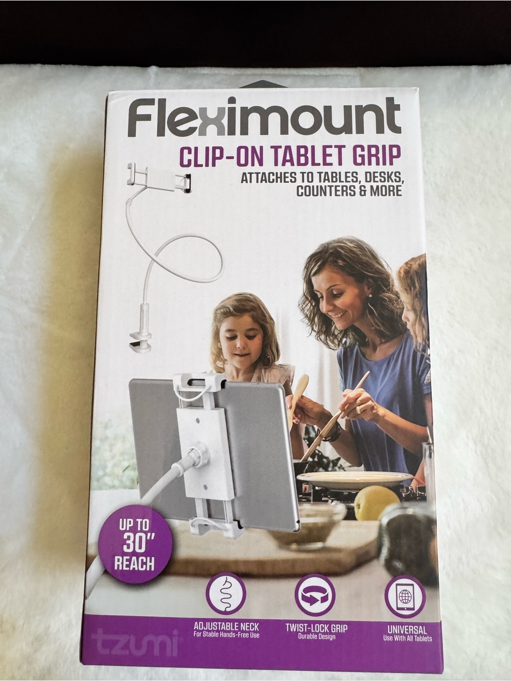 ✅”Tzumi” Fleximount Clip-On Tablet Grip - White with Gray Accents